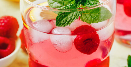 Cold drink Raspberry Lemonade with mint in glass.